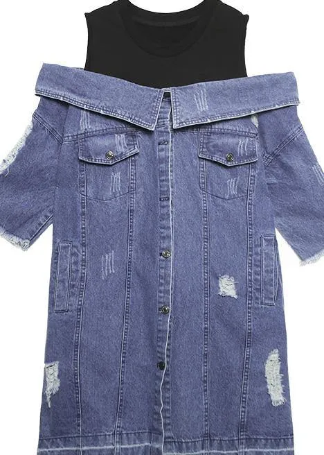 100% denim blue Cotton Long Shirts Slash neck oversized summer Dresses