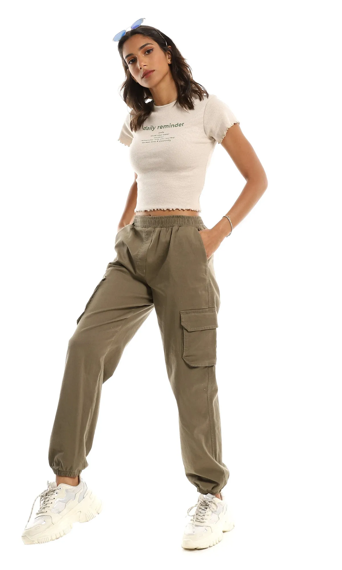97630 "Daily Reminder" Round Neck Pale Beige Cropped Tee