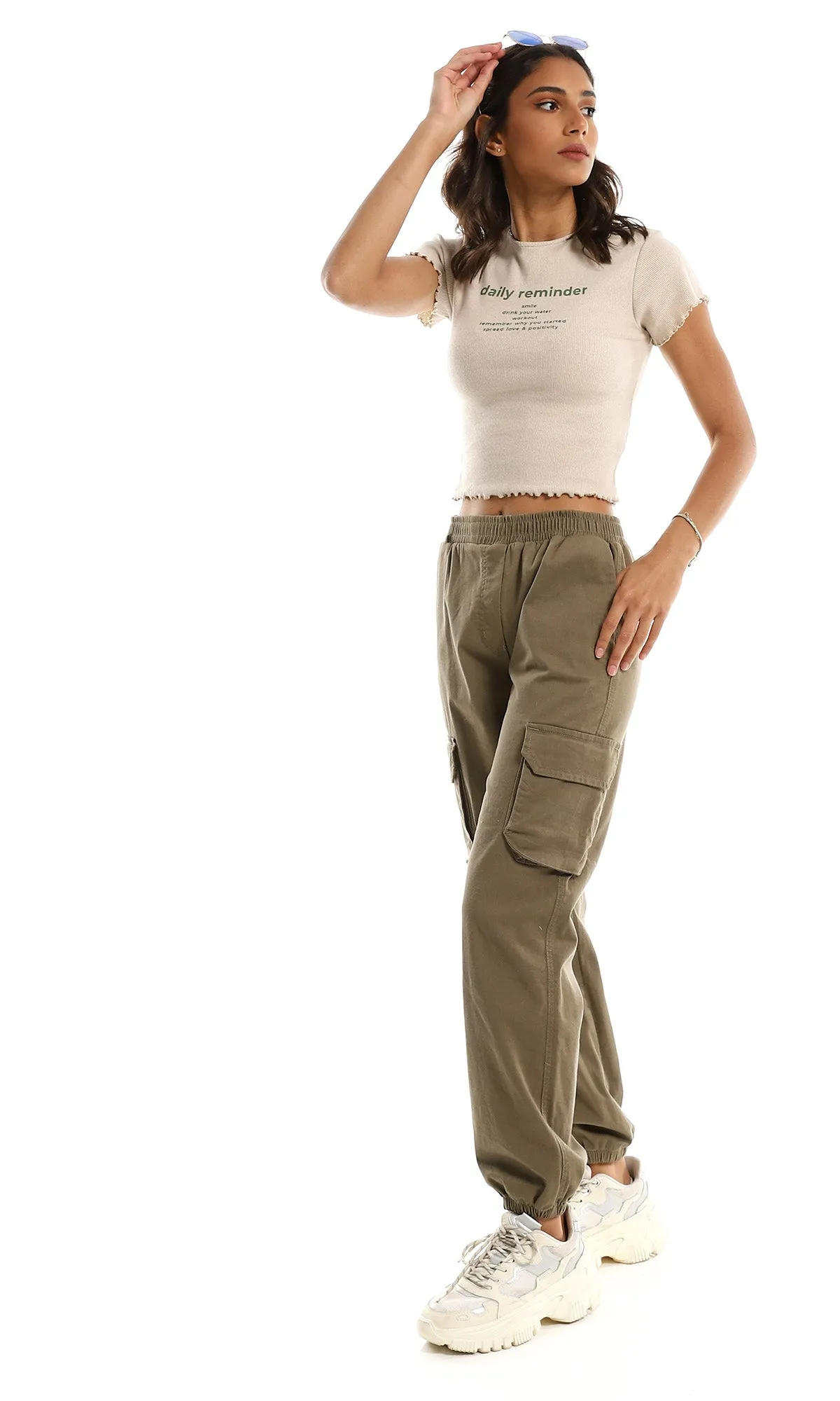 97630 "Daily Reminder" Round Neck Pale Beige Cropped Tee