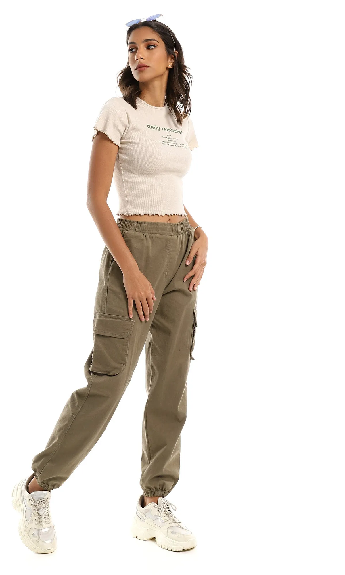 97630 "Daily Reminder" Round Neck Pale Beige Cropped Tee
