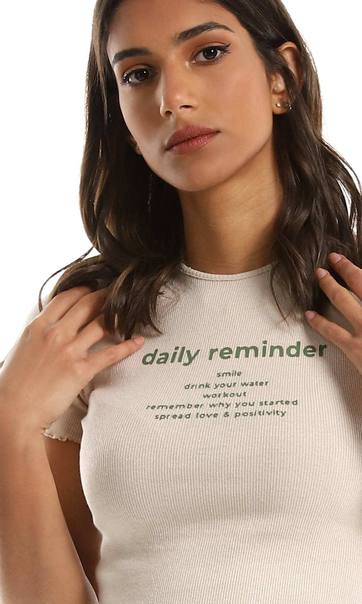 97630 "Daily Reminder" Round Neck Pale Beige Cropped Tee