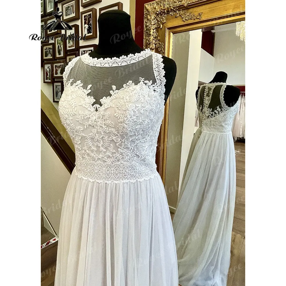 A Line Boho Lace Bodice Beach Sleeveless Wedding Gowns for Women 2025 Robe Bridal Dress Illusion Vestidos De Novia Roycebridal