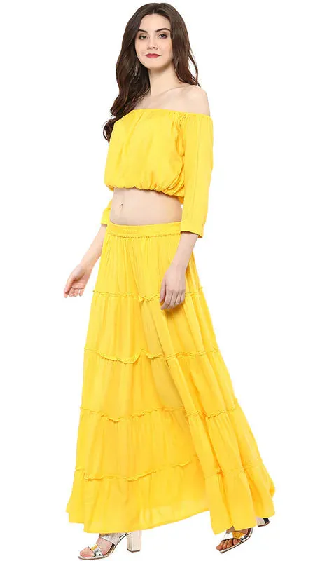 Aawari Rayon Two Piece Prom Dress For Girls and Women Yellow-AM083-Yellow