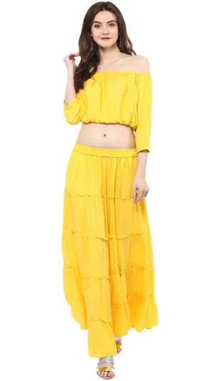 Aawari Rayon Two Piece Prom Dress For Girls and Women Yellow-AM083-Yellow