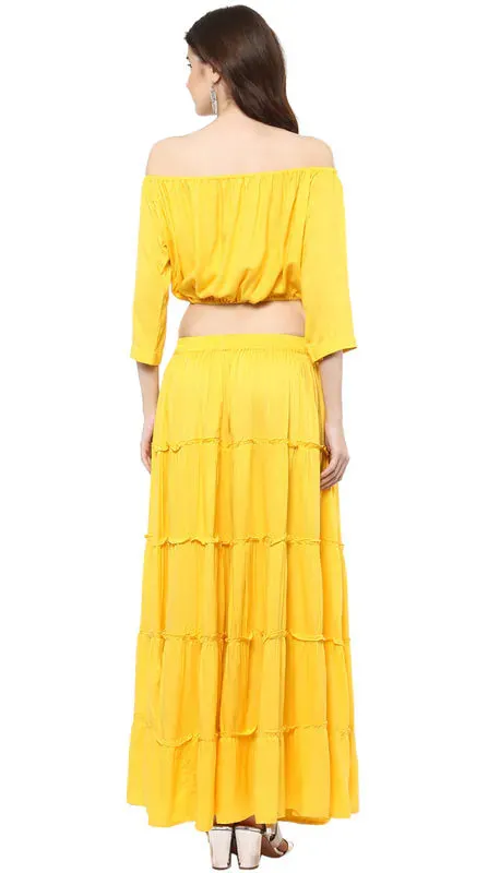 Aawari Rayon Two Piece Prom Dress For Girls and Women Yellow-AM083-Yellow