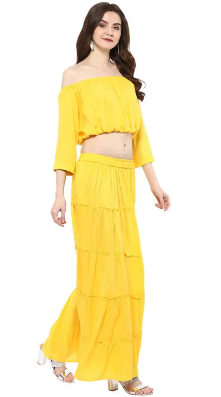 Aawari Rayon Two Piece Prom Dress For Girls and Women Yellow-AM083-Yellow