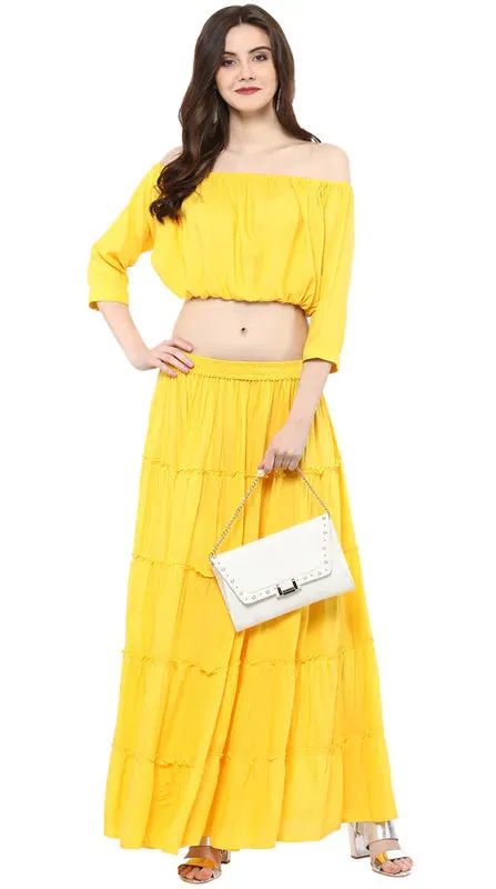 Aawari Rayon Two Piece Prom Dress For Girls and Women Yellow-AM083-Yellow