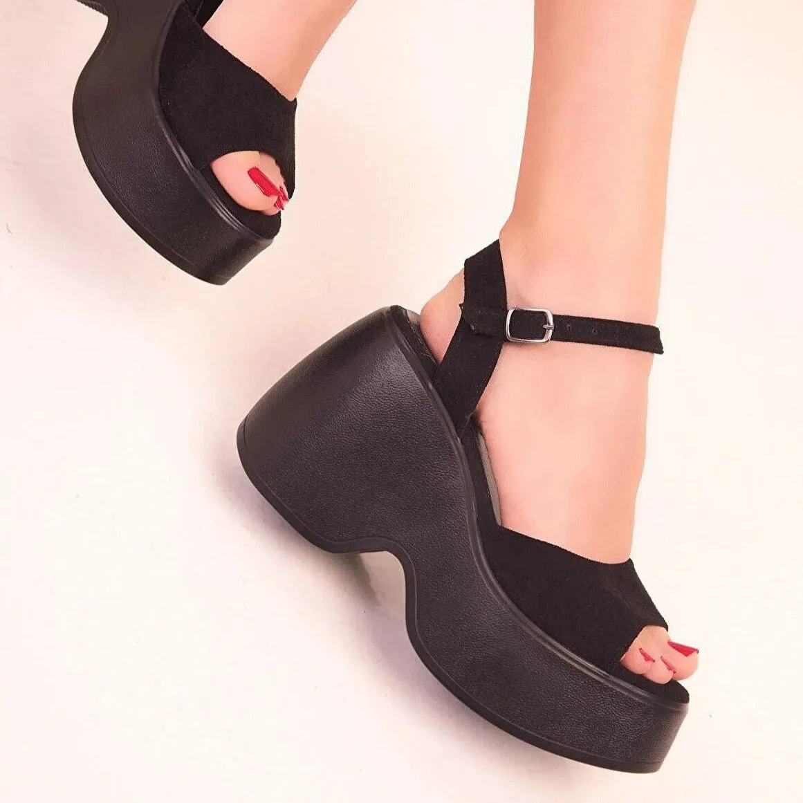 Barb - Black Suede Wedges