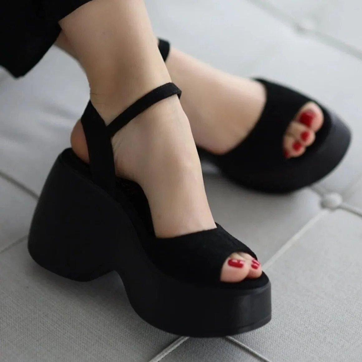 Barb - Black Suede Wedges