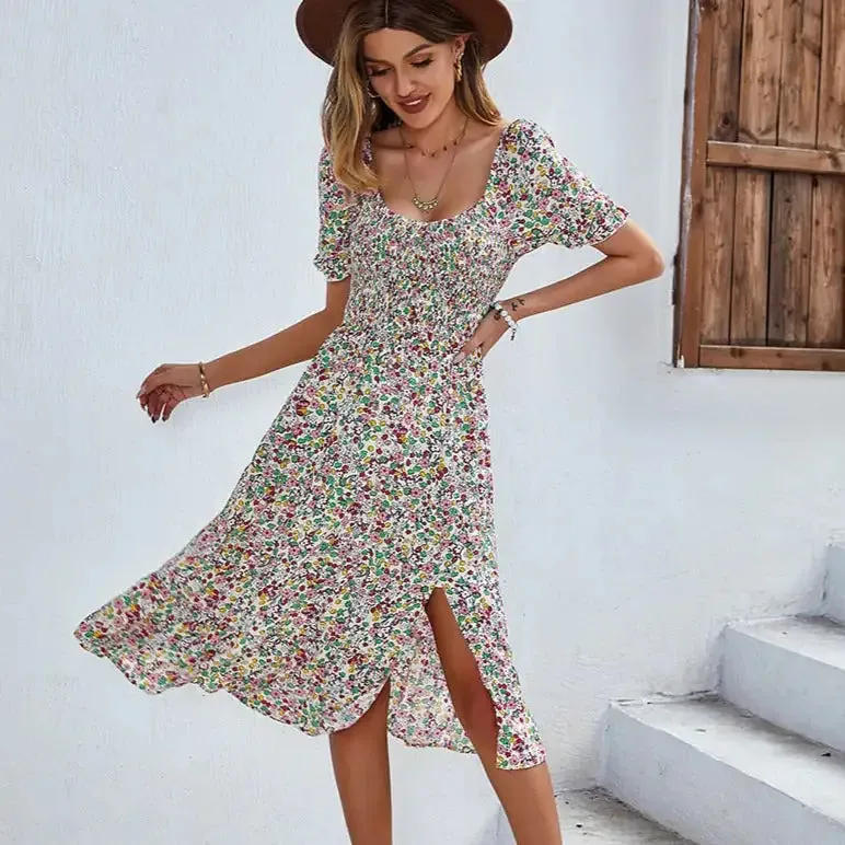 Beach Floral Patchwork Dress Smocked Sleeve V Neck Mini Long Sleeve Dresses