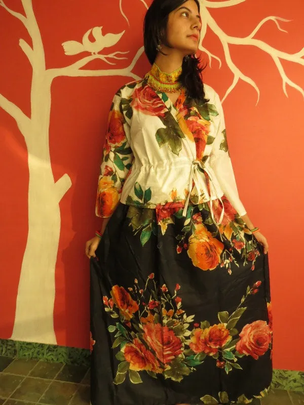 Black Floral A-line Drawstring Skirt