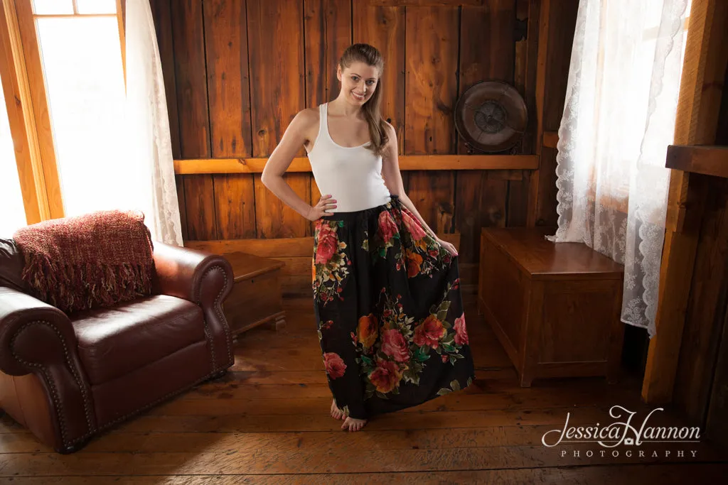 Black Floral A-line Drawstring Skirt