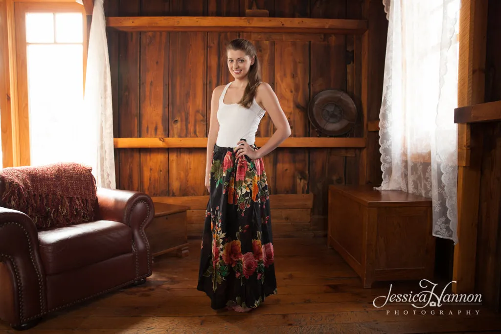 Black Floral A-line Drawstring Skirt