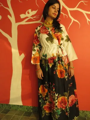 Black Floral A-line Drawstring Skirt