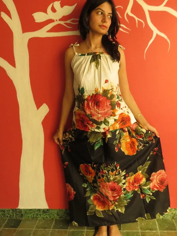Black Floral A-line Drawstring Skirt