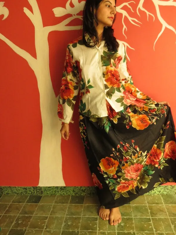 Black Floral A-line Drawstring Skirt