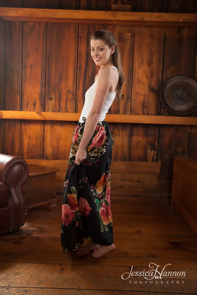 Black Floral A-line Drawstring Skirt
