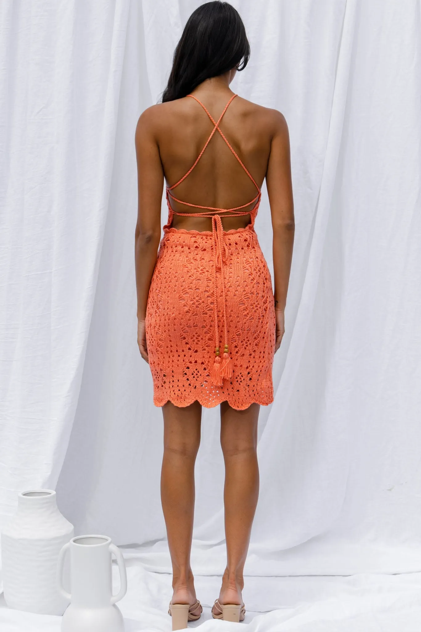 Boracay Halterneck Tie-Up Back Crochet Mini Dress Tangerine
