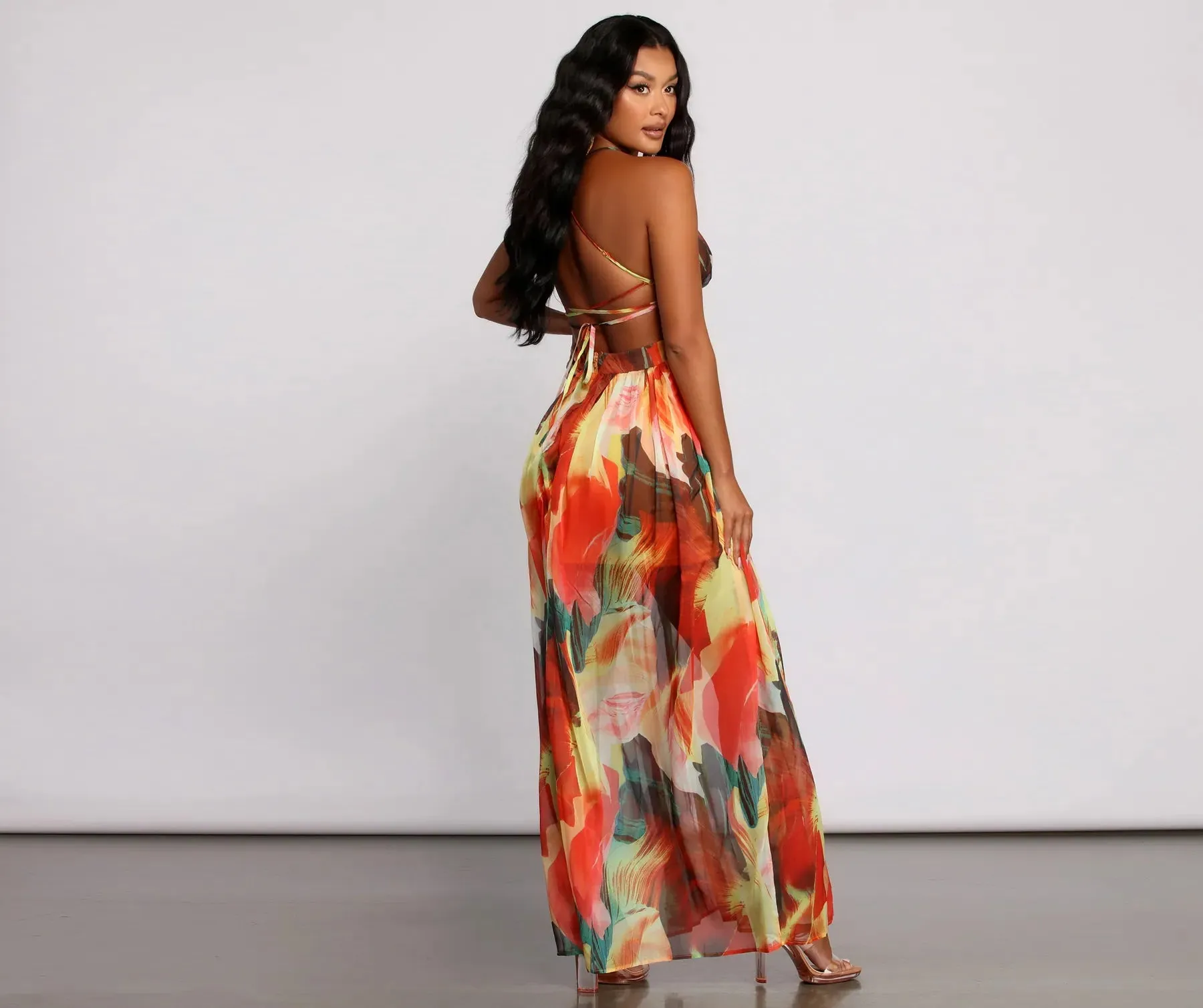 Brighter Vibes Lace-Up Chiffon Maxi Dress