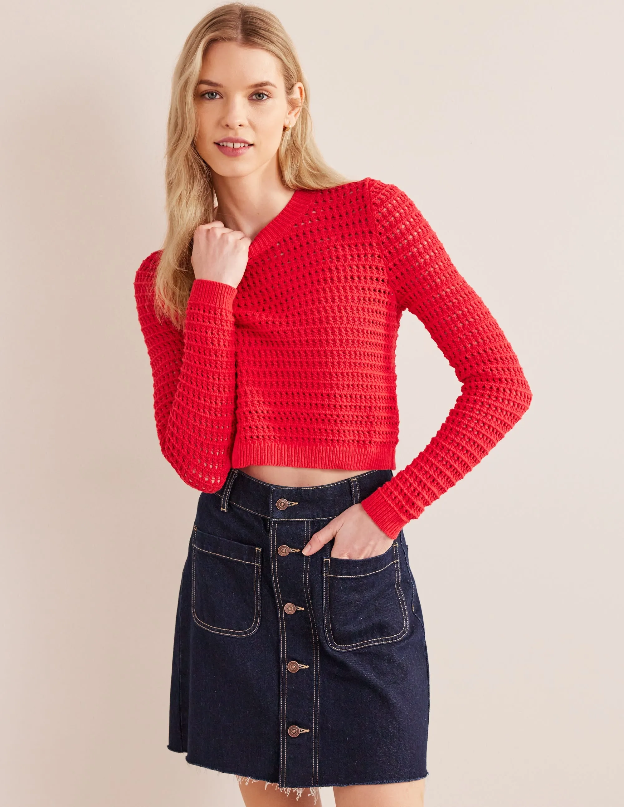 Cropped Crochet Jumper-High Risk Red