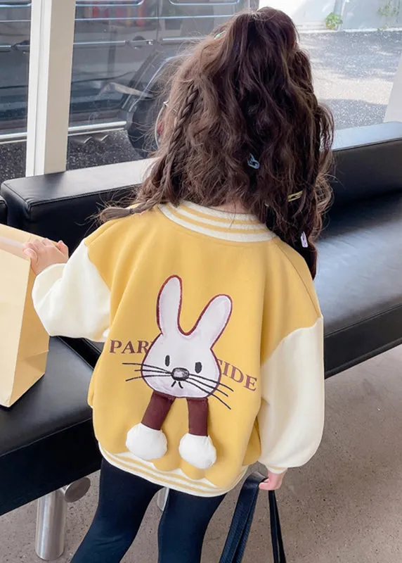 Cute Yellow O-Neck Print Button Kids Coats Fall QV037
