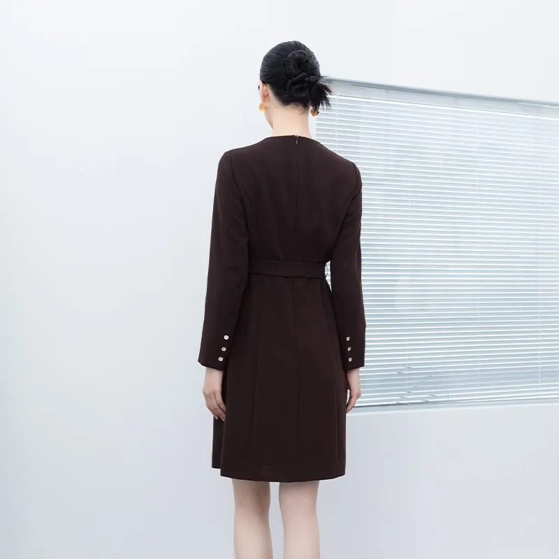 Dark Brown Waisted Long Sleeve Midi Dresses