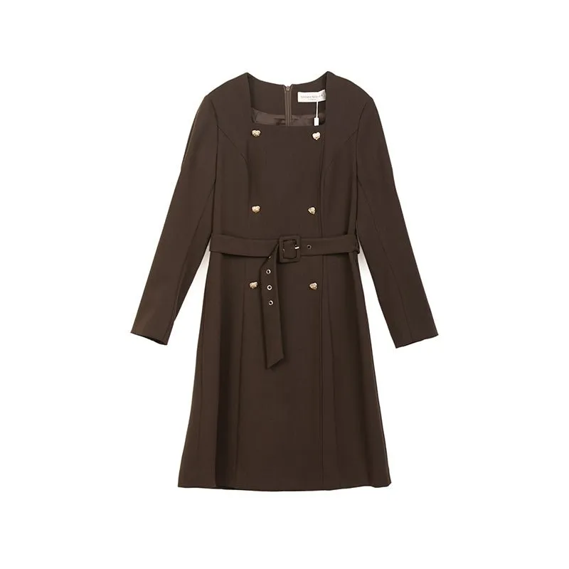 Dark Brown Waisted Long Sleeve Midi Dresses