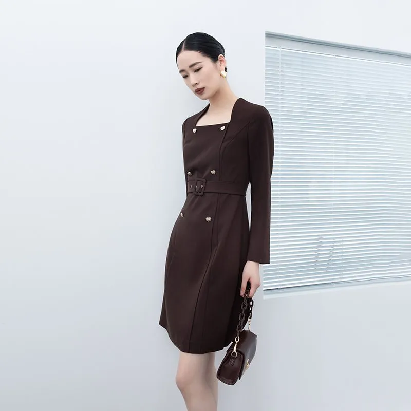 Dark Brown Waisted Long Sleeve Midi Dresses