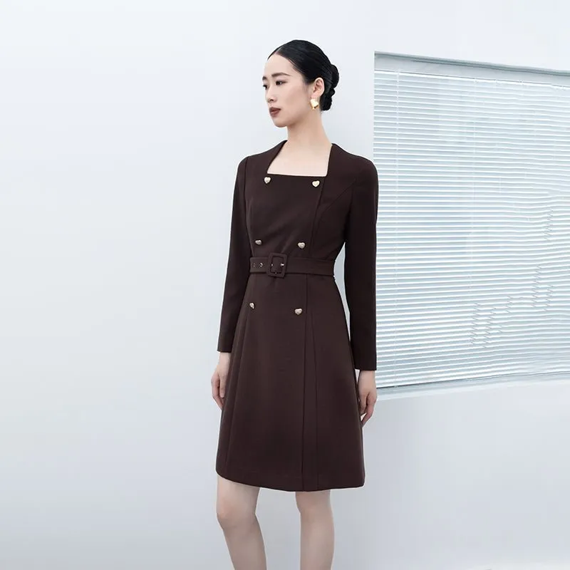 Dark Brown Waisted Long Sleeve Midi Dresses