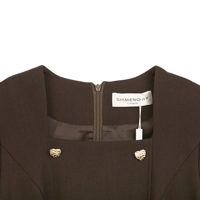 Dark Brown Waisted Long Sleeve Midi Dresses