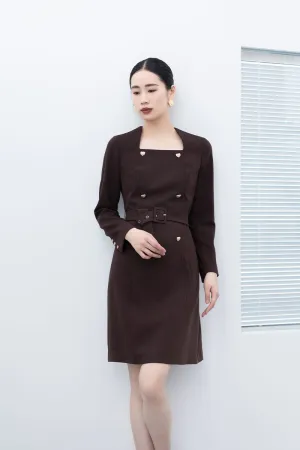 Dark Brown Waisted Long Sleeve Midi Dresses