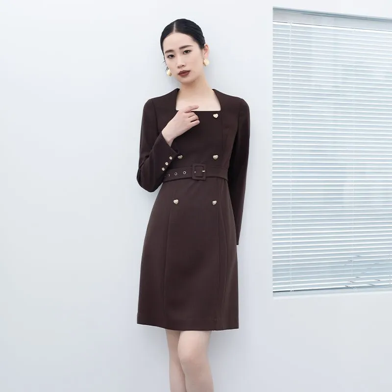 Dark Brown Waisted Long Sleeve Midi Dresses