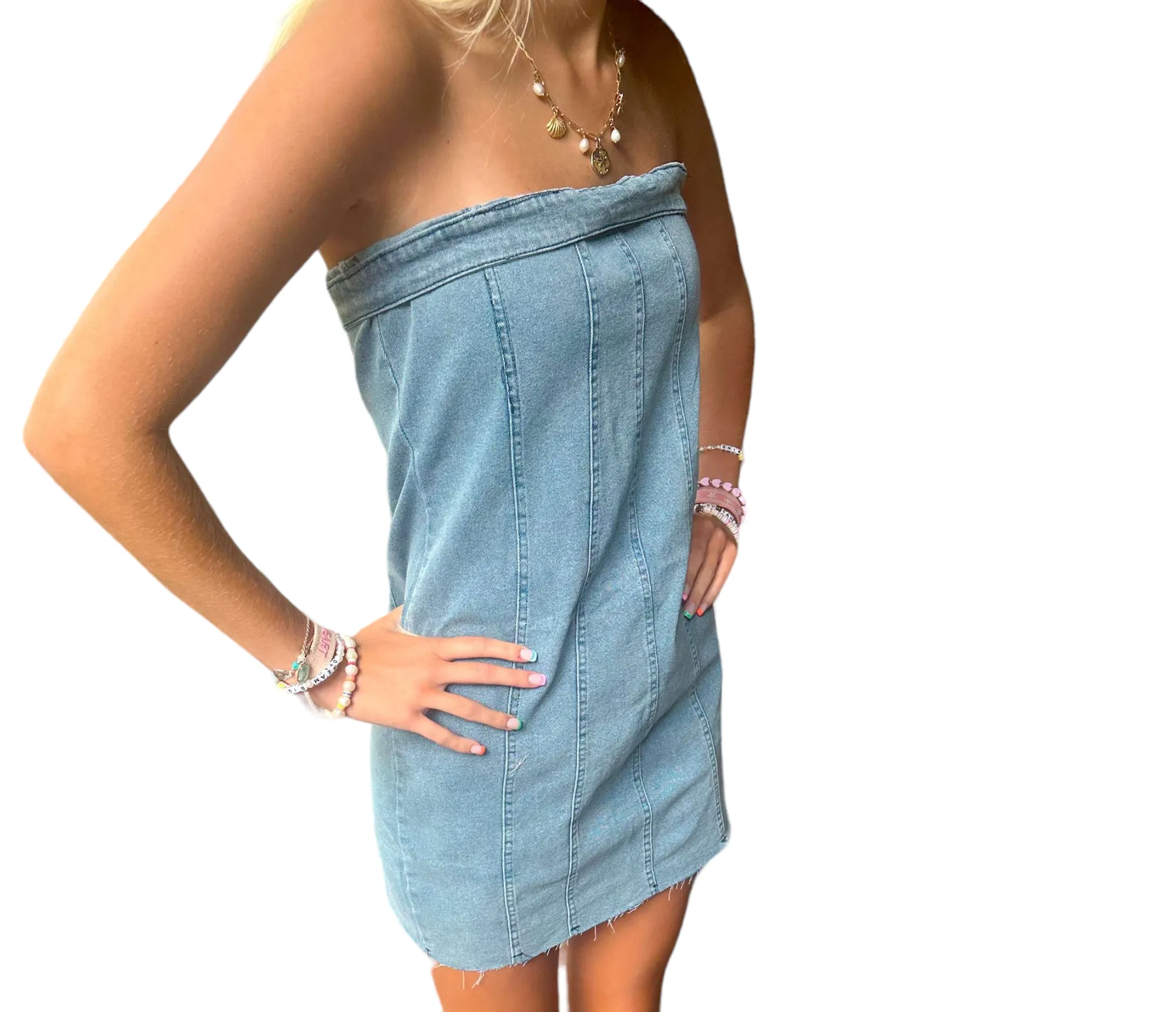 Denim Delight: The Ultimate Strapless Transition Dress