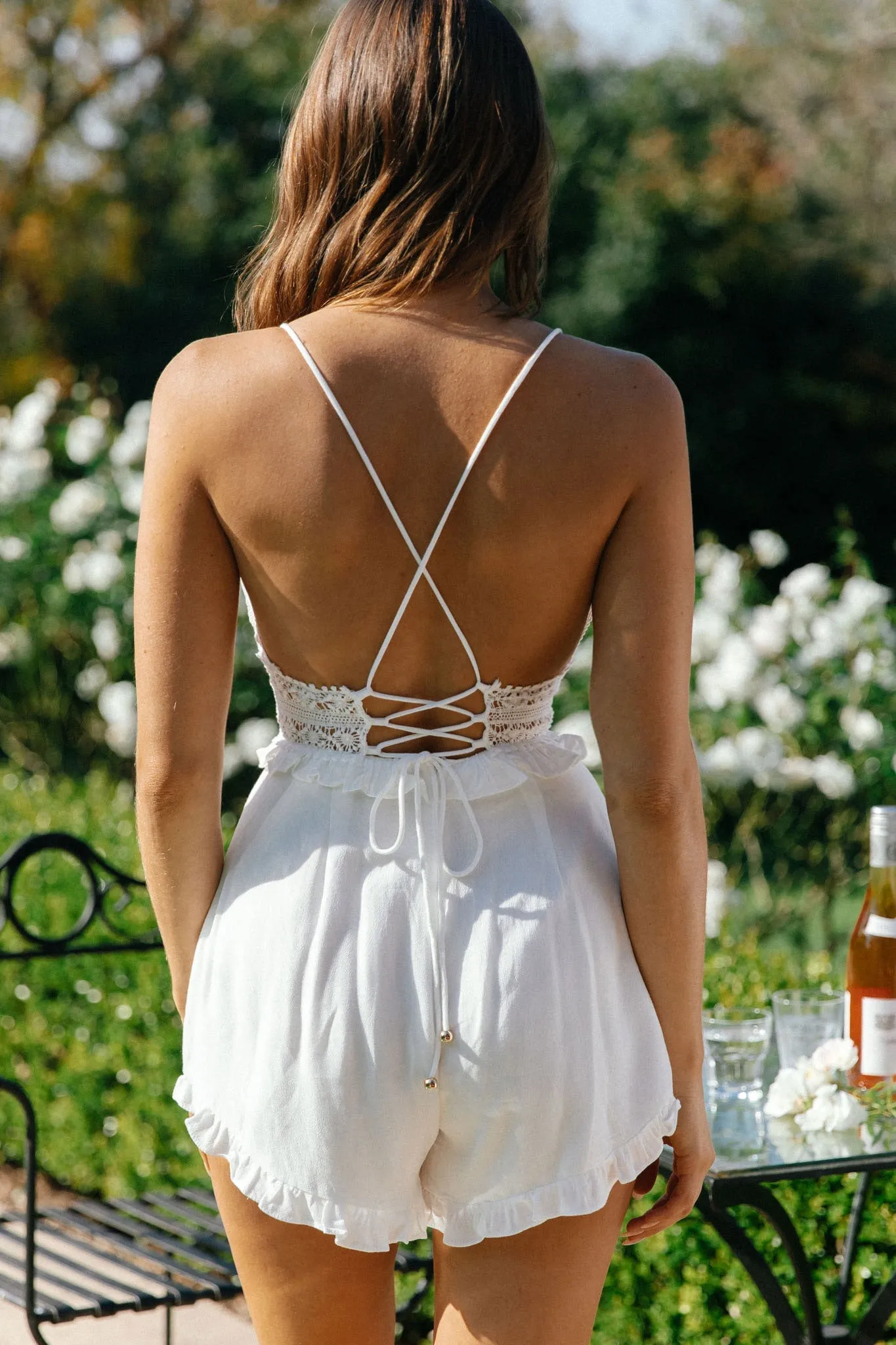 Desert Rose Crochet Trim Tie-Up Back Romper White
