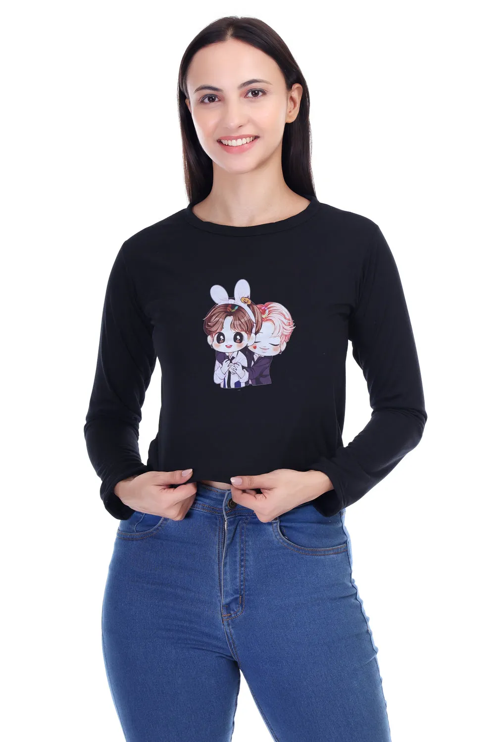 DK FASHION Trendy Women's Full T-Shirt in Soft Cotton Blend Full Black Anime Print T-Shirt