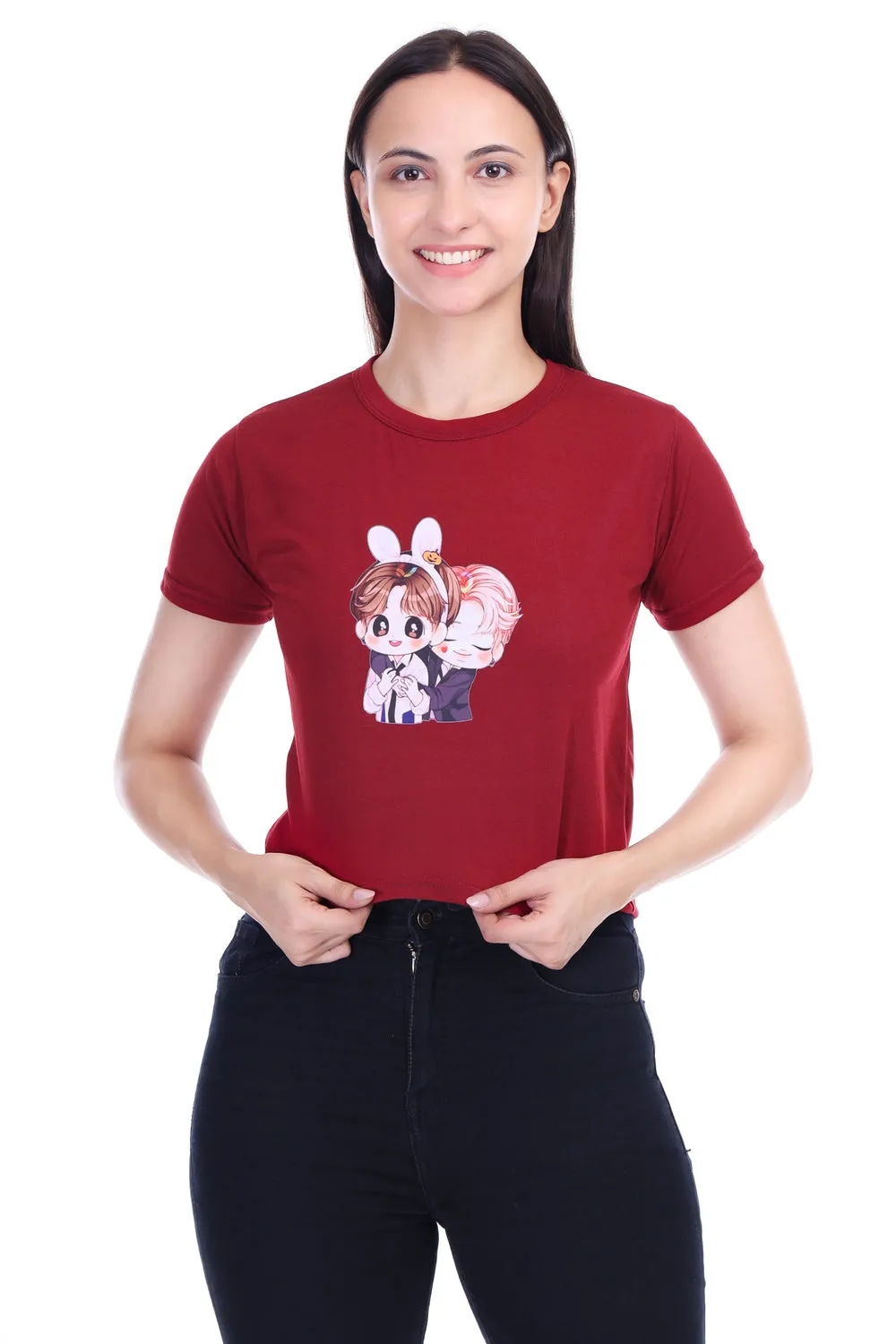 DK FASHION Women's  Women Solid Round Neck Pure Cotton Anime Print T-Shirt