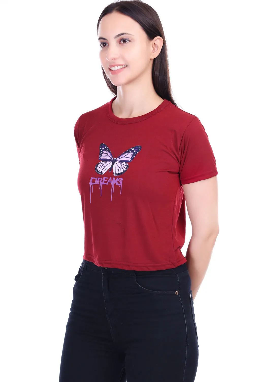 DK FASHION Women's  Women Solid Round Neck Pure Cotton butterfly Print T-Shirt