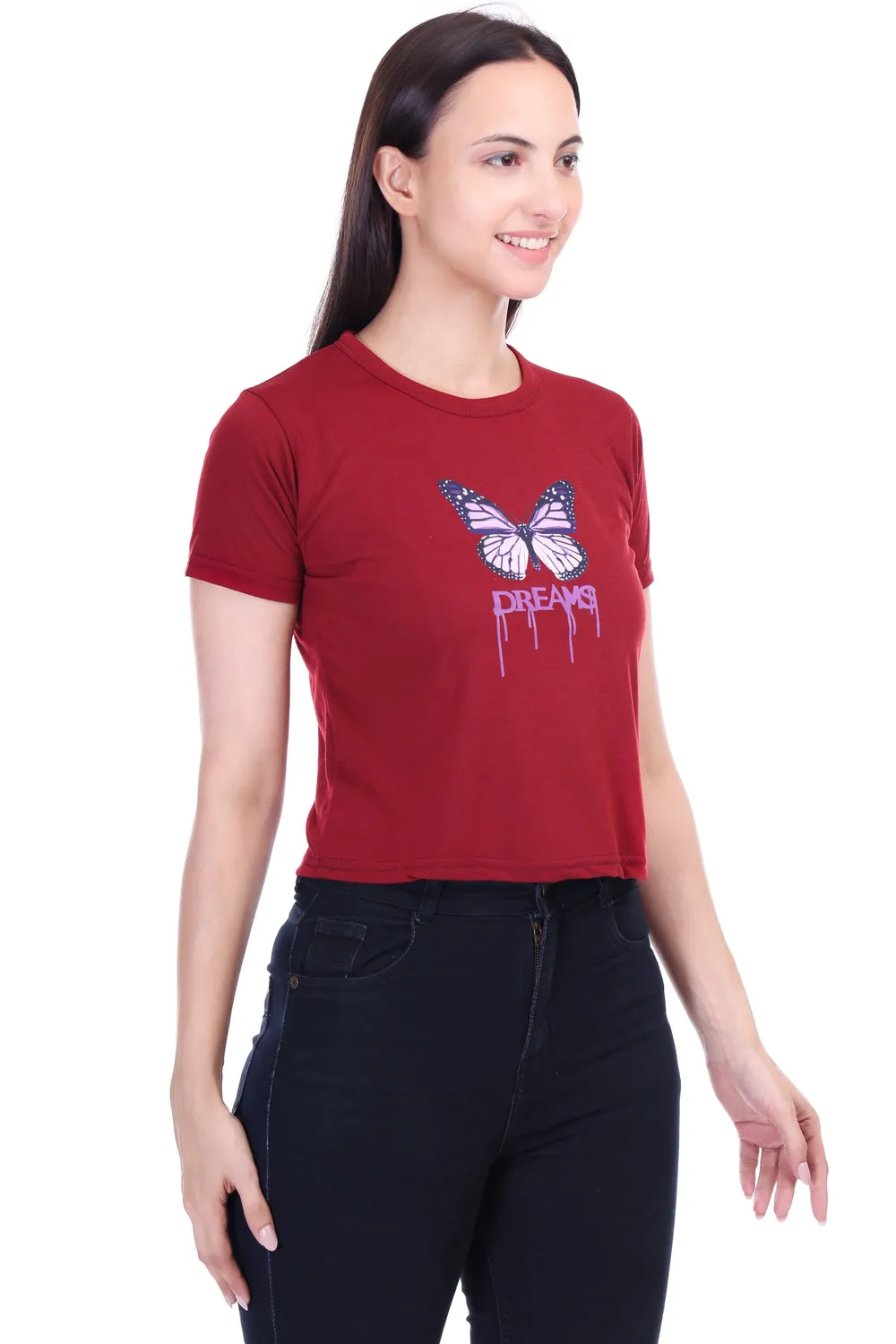 DK FASHION Women's  Women Solid Round Neck Pure Cotton butterfly Print T-Shirt