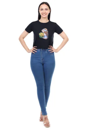 DK FASHION Women's  Women Solid Round Neck Pure Cotton Dollflower Black T-Shirt