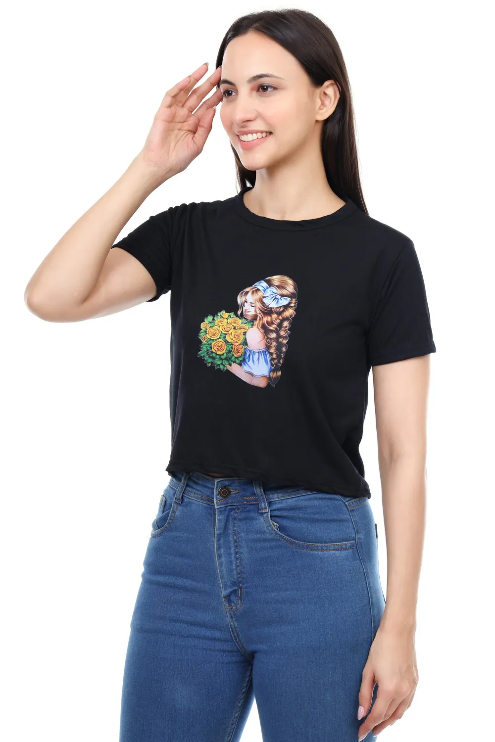 DK FASHION Women's  Women Solid Round Neck Pure Cotton Dollflower Black T-Shirt