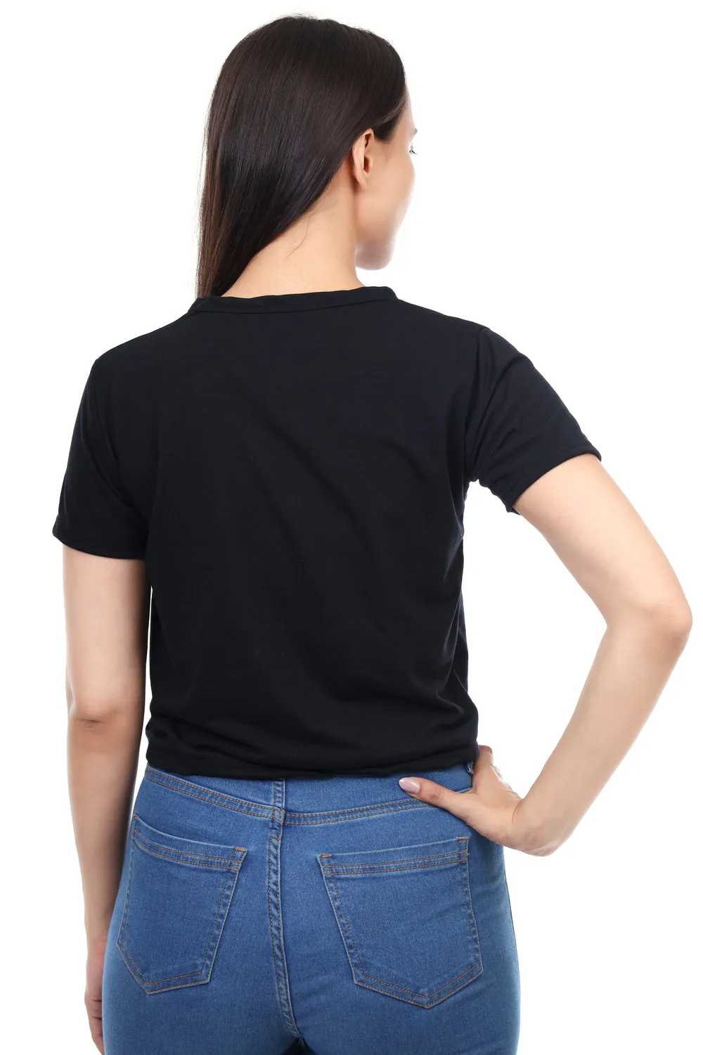 DK FASHION Women's  Women Solid Round Neck Pure Cotton Dollflower Black T-Shirt