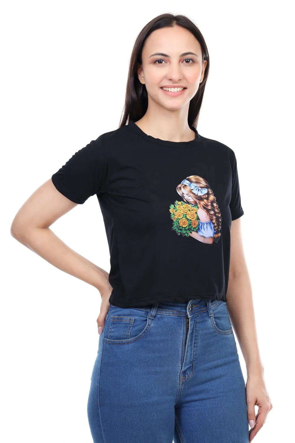 DK FASHION Women's  Women Solid Round Neck Pure Cotton Dollflower Black T-Shirt