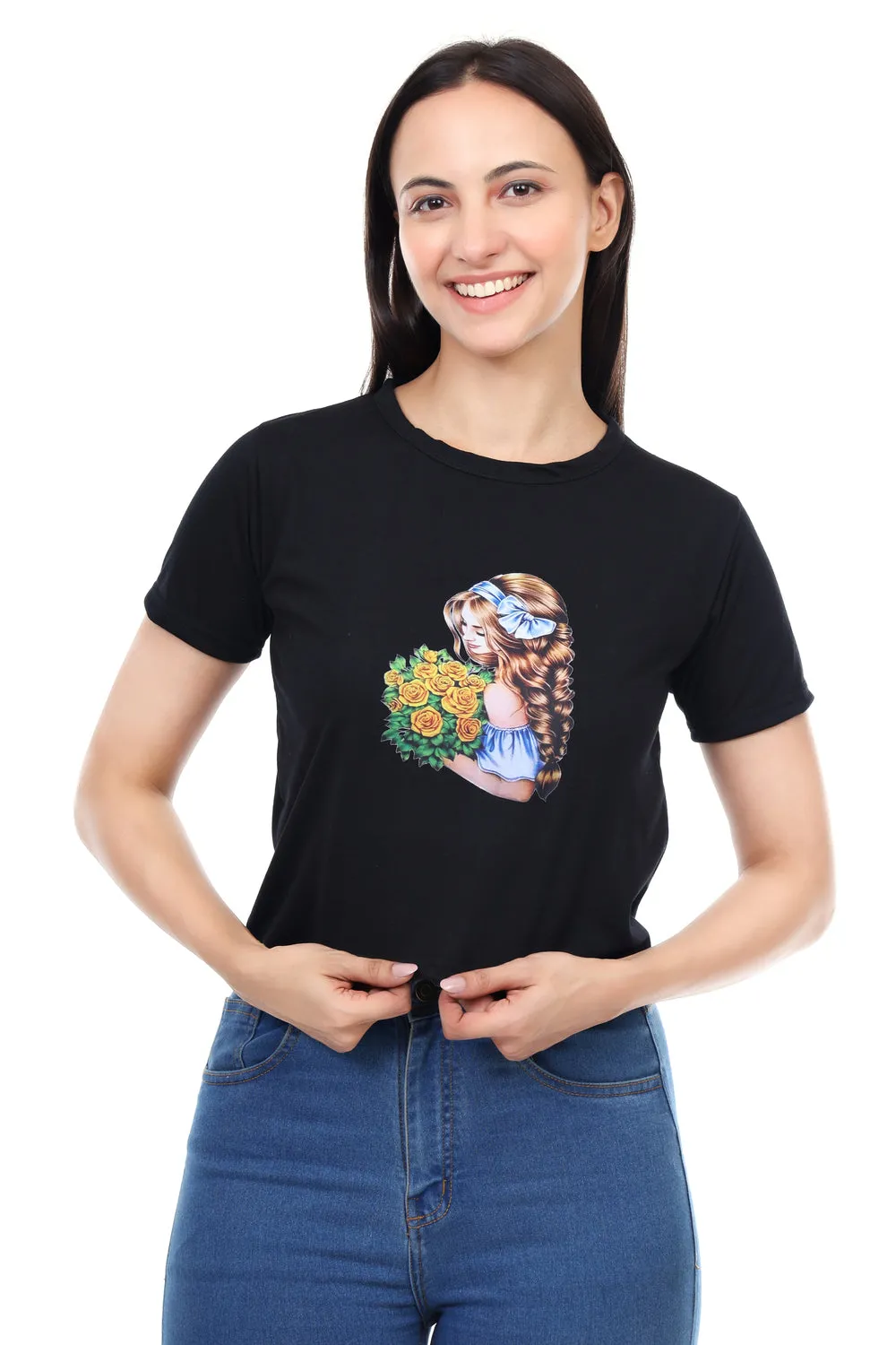 DK FASHION Women's  Women Solid Round Neck Pure Cotton Dollflower Black T-Shirt