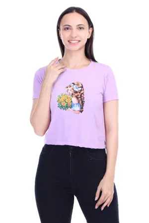 DK FASHION Women's  Women Solid Round Neck Pure Cotton lavender Dollflower Print T-Shirt