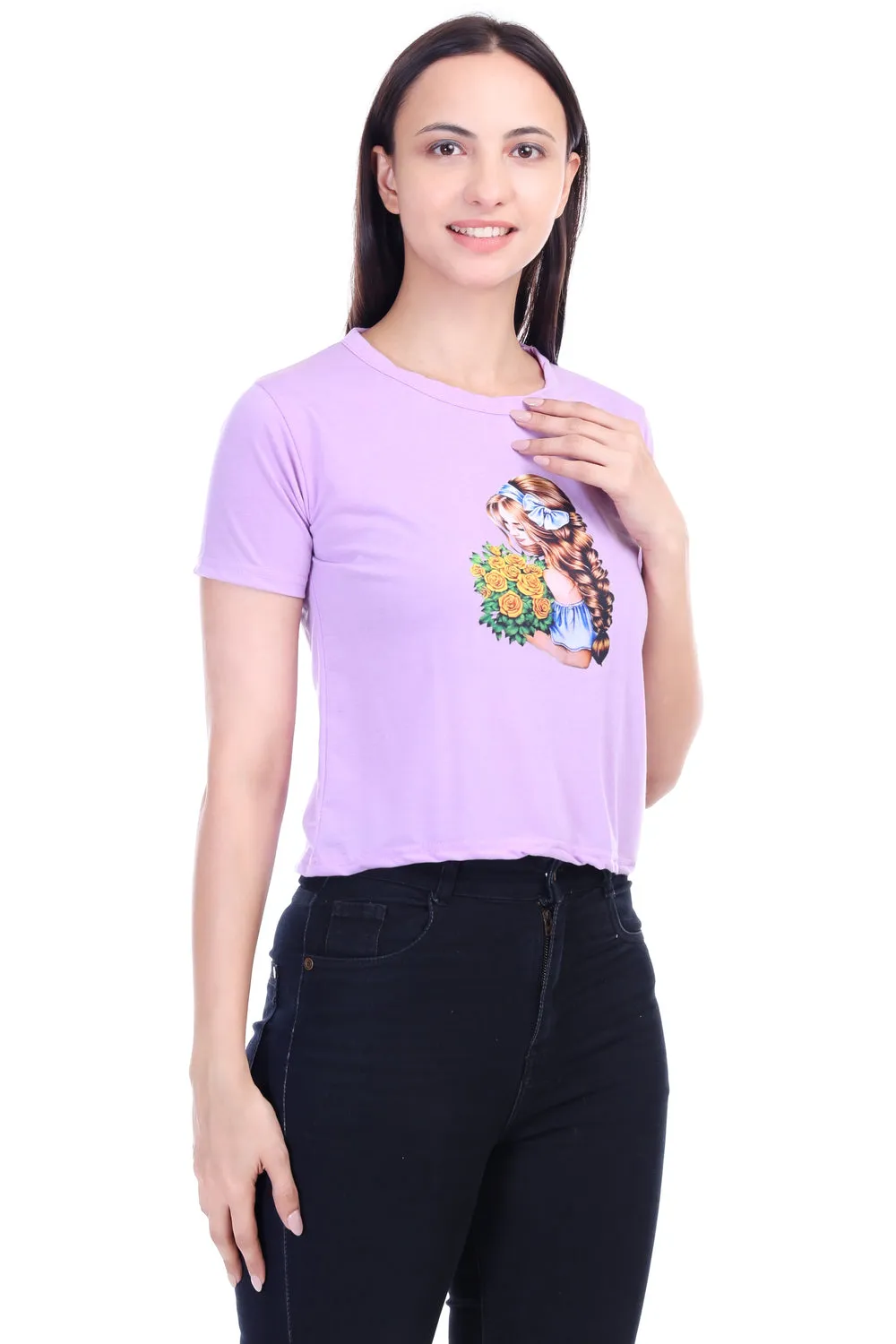 DK FASHION Women's  Women Solid Round Neck Pure Cotton lavender Dollflower Print T-Shirt