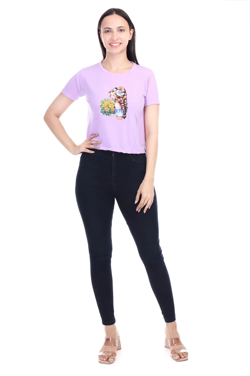 DK FASHION Women's  Women Solid Round Neck Pure Cotton lavender Dollflower Print T-Shirt
