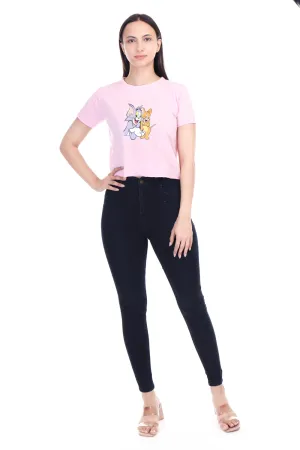 DK FASHION Women's  Women Solid Round Neck Pure Cotton Pink Tom Print T-Shirt