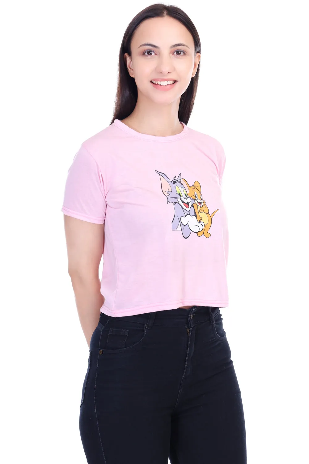 DK FASHION Women's  Women Solid Round Neck Pure Cotton Pink Tom Print T-Shirt