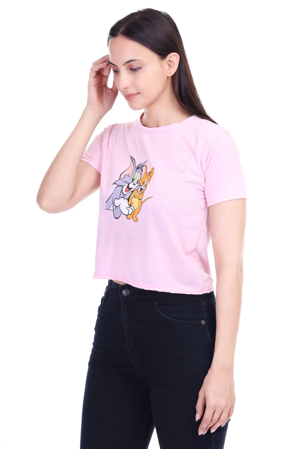 DK FASHION Women's  Women Solid Round Neck Pure Cotton Pink Tom Print T-Shirt