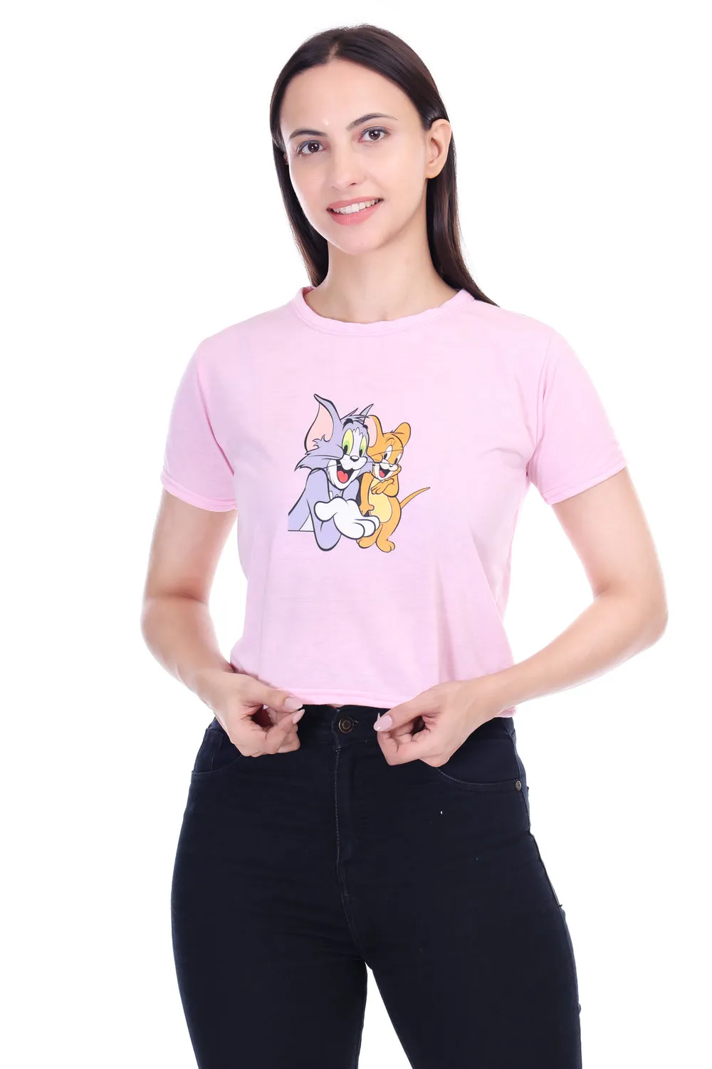DK FASHION Women's  Women Solid Round Neck Pure Cotton Pink Tom Print T-Shirt